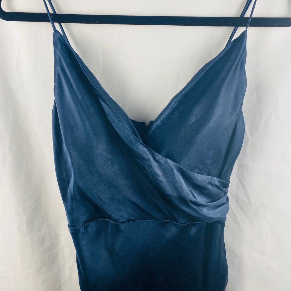 Bardot Navy Blue Satin Wrap Style Formal Dress 10/Large Leg Slit Maxi Bridesmaid - Picture 2 of 8